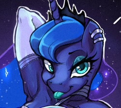 Size: 1064x948 | Tagged: safe, artist:darknud, princess luna, alicorn, anthro, g4, arm behind head, armpits, bust, close-up, clothes, drool, evening gloves, female, gloves, long gloves, looking at you, mare, solo, tongue out, wip