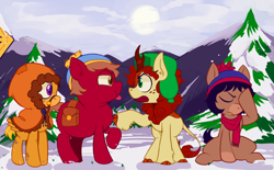 Size: 1280x795 | Tagged: safe, artist:satanpigs, earth pony, kirin, pegasus, pony, angry, bag, bridle, chubby, clothes, cloud, cloudy, colt, eric cartman, facehoof, foal, group, hat, jacket, kenny mccormick, kyle broflovski, male, mountain, ponified, saddle bag, sign, snow, south park, stan marsh, sun, tack, tongue out, tree, yelling