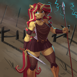 Size: 900x900 | Tagged: safe, artist:kevinsano, sunset shimmer, unicorn, anthro, g4, armor, big breasts, breasts, busty sunset shimmer, clothes, female, lightning, mare, skirt, smiling, smirk, solo, spear, sword, weapon