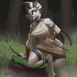 Size: 900x900 | Tagged: safe, artist:kevinsano, zecora, zebra, anthro, unguligrade anthro, g4, arrow, big breasts, bow (weapon), bow and arrow, bracer, breasts, busty zecora, clothes, digital art, ear piercing, earring, female, forest, jewelry, mare, nature, piercing, solo, thighs, toga, tree, weapon, wide hips