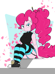 Size: 2304x3072 | Tagged: safe, artist:raw16, pinkie pie, earth pony, anthro, g4, cipao dress, clothes, dress, eyeshadow, female, garter belt, garters, hairpin, high res, looking at you, makeup, panties, ponytail, shoes, sitting, sneakers, socks, solo, striped socks, thigh highs, underwear, zettai ryouiki