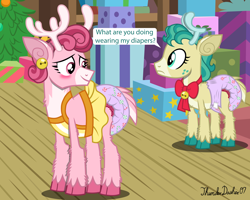 Size: 2560x2048 | Tagged: safe, artist:thunderdasher07, alice the reindeer, bori the reindeer, deer, reindeer, g4, antlers, apron, bell, blushing, book, bookshelf, bow, candy, candy cane, caught, chest fluff, christmas, christmas tree, clothes, cloven hooves, dialogue, diaper, diaper fetish, duo, ear fluff, ear piercing, earring, facial markings, female, fetish, food, freckles, grove of the gift givers, hearth's warming eve, high res, holiday, hoof fluff, indoors, jewelry, leg fluff, lollipop, mealy mouth (coat marking), non-baby in diaper, ornament, piercing, poofy diaper, present, rug, speech bubble, talking, tree, unshorn fetlocks