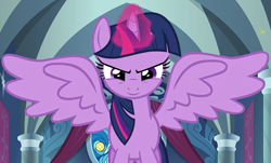 Size: 989x597 | Tagged: safe, edit, edited screencap, editor:twilyisbestpone, screencap, twilight sparkle, alicorn, pony, g4, season 9, the ending of the end, evil grin, female, grin, inverted mouth, looking at you, magic, mare, smiling, smiling at you, smirk, solo, spread wings, twilight sparkle (alicorn), wings