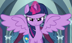 Size: 989x597 | Tagged: safe, edit, edited screencap, editor:twilyisbestpone, screencap, twilight sparkle, alicorn, pony, g4, season 9, the ending of the end, evil smile, female, grin, inverted mouth, looking at you, magic, mare, smiling, smiling at you, smirk, solo, spread wings, twilight sparkle (alicorn), wings