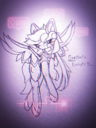 Size: 3024x4032 | Tagged: safe, artist:sodapop sprays, oc, oc:sodapop sprays, cyborg, pegasus, pony, cybernetic eyes, cyberpunk, female, looking at you, mare, solo, spread wings, traditional art, wings