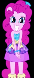 Size: 594x1346 | Tagged: safe, artist:petrmhd, pinkie pie, human, equestria girls, g4, bare shoulders, black background, clothes, dress, fall formal outfits, ponied up, pony ears, simple background, sleeveless, smiling, solo, strapless