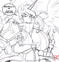 Size: 3684x3832 | Tagged: safe, artist:thelunarmoon, princess celestia, oc, oc:lunar moon, alicorn, pony, unicorn, anthro, g4, armor, big breasts, black and white, breasts, busty princess celestia, dialogue, don't talk to me or my son ever again, duo, duo male and female, female, frown, grayscale, high res, holding a pony, huge breasts, lidded eyes, looking at you, male, mare, meme, monochrome, mother and child, mother and son, offspring, parent:princess celestia, saint celestine, signature, simple background, speech bubble, spread wings, sword, talking to viewer, thousand yard stare, warhammer (game), warhammer 40k, weapon, white background, wings