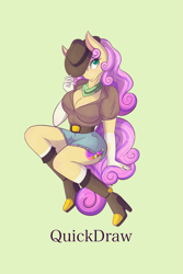 Size: 1365x2048 | Tagged: safe, artist:mscolorsplash, oc, oc only, oc:quickdraw, earth pony, anthro, belt, boob freckles, boots, breasts, busty oc, chest freckles, cleavage, clothes, commission, cowboy boots, cowboy hat, cowgirl, denim, denim skirt, female, freckles, green background, hat, high heel boots, looking at you, mare, shoes, simple background, skirt, solo, spurs, stetson