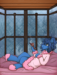 Size: 1620x2160 | Tagged: safe, artist:jjsh, oc, oc only, oc:nighttime wishes, pony, unicorn, alcohol, bathrobe, bed, blue hair, blue mane, blue skin, bored, clothes, cozy, depressed, female, frost, glass, hoof hold, horn, looking at something, lying down, lying on bed, mare, on back, on bed, robe, sad, shoes, slippers, snow, snowfall, solo, underhoof, wind, window, wine, wine glass, winter