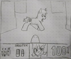 Size: 2048x1692 | Tagged: safe, artist:pony quarantine, oc, oc only, earth pony, pony, doom, female, graph paper, grayscale, hud, looking at you, male, mare, monochrome, offscreen character, open mouth, pencil drawing, pov, snoot, stallion, traditional art