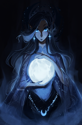 Size: 2410x3683 | Tagged: safe, artist:iheyyasyfox, princess luna, human, g4, clothes, dress, elf ears, female, full moon, high res, humanized, looking at you, moon, signature, slit pupils, solo, tangible heavenly object