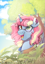 Size: 2480x3508 | Tagged: safe, artist:jjsh, oc, oc only, pony, unicorn, bush, clothes, cloud, ear fluff, female, glasses, grass, heterochromia, high res, hoodie, horn, leaves, looking forward, looking up, mare, multicolored hair, multicolored mane, nature, open mouth, pink hair, pink mane, sky, solo, sweater, tree