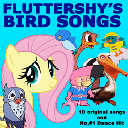 Size: 720x720 | Tagged: safe, artist:ianpony98, editor:incredibubbleirishguy, fluttershy, oc, oc:sunny, bird, bluebird, flamingo, ostrich, pelican, g4, captain flamingo, cd, collection, crossover, fluttershy's bird songs, kessie, soundtrack