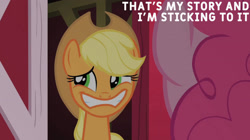 Size: 1920x1078 | Tagged: safe, edit, edited screencap, editor:quoterific, screencap, applejack, pinkie pie, g4, party of one, applejack is best facemaker, bad poker face, barn