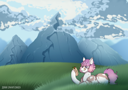 Size: 3508x2480 | Tagged: safe, artist:jjsh, oc, oc only, earth pony, pony, clothes, cloud, cloudy, female, food, gradient hair, gradient mane, grass, high res, hoof hold, leaves, licking, looking at something, lying down, mare, mountain, nature, pink eyes, pink hair, pink mane, roll, sky, smiling, solo, tongue out