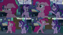 Size: 2000x1123 | Tagged: safe, edit, edited screencap, editor:quoterific, screencap, pinkie pie, starlight glimmer, earth pony, pony, unicorn, g4, the maud couple, bed, bipedal, book, bookshelf, female, inkwell, mare, quill, starlight's room