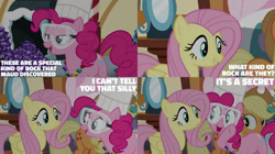 Size: 2000x1123 | Tagged: safe, edit, edited screencap, editor:quoterific, screencap, applejack, fluttershy, pinkie pie, earth pony, pegasus, pony, g4, maud pie (episode), season 4, candy, food, goggles, necklace, rock candy, rock candy necklace, sugarcube corner