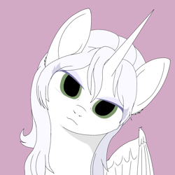 Size: 2000x2000 | Tagged: artist needed, source needed, safe, oc, oc only, oc:κασσάνδρα, alicorn, pony, :3, alicorn oc, female, head tilt, high res, horn, lidded eyes, mare, purple background, simple background, solo, spread wings, wings