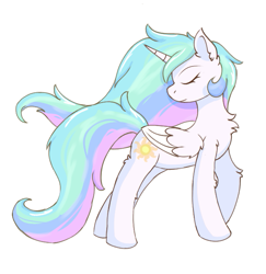 Size: 647x665 | Tagged: safe, artist:infinaitly, princess celestia, alicorn, pony, g4, chest fluff, eyes closed, female, fluffy, full body, loose hair, mare, missing accessory, simple background, solo, white background