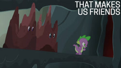 Size: 2000x1123 | Tagged: safe, edit, edited screencap, editor:quoterific, screencap, rarity, spike, twilight sparkle, alicorn, g4, gauntlet of fire, disguise, rock costume, twilight sparkle (alicorn)
