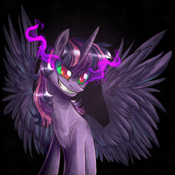Size: 2000x2000 | Tagged: safe, artist:not-ordinary-pony, derpibooru exclusive, twilight sparkle, alicorn, pony, g4, corrupted twilight sparkle, female, high res, mare, smiling, solo, sombra eyes, spread wings, twilight sparkle (alicorn), wings