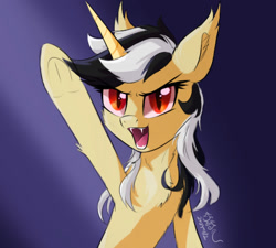 Size: 1472x1323 | Tagged: safe, artist:行豹cheetahspeed, oc, oc only, oc:autumn trace, bat pony, pony, unicorn, black and white mane, chest fluff, cute, female, light, looking at you, mare, open mouth, orange eyes, raised hoof, yellow skin