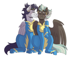 Size: 3500x2800 | Tagged: safe, artist:monnarcha, soarin', thunderlane, pegasus, pony, g4, clothes, duo, gay, goggles, high res, male, nuzzling, shipping, simple background, soarilane, stallion, transparent background, uniform, wonderbolts uniform