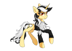 Size: 2400x1696 | Tagged: safe, artist:行豹cheetahspeed, oc, oc only, oc:autumn trace, pony, unicorn, 2024 community collab, derpibooru community collaboration, black and white mane, clothes, cute, female, hoodie, horn, light, mare, orange eyes, raised hoof, simple background, slender, solo, thin, transparent background, yellow skin