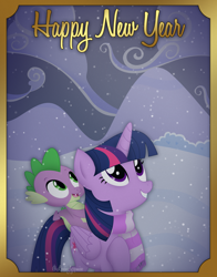 Size: 1568x2000 | Tagged: safe, artist:lovinglypromise, spike, twilight sparkle, alicorn, dragon, pony, g4, clothes, dragons riding ponies, happy new year 2024, riding, scarf, snow, snowfall, striped scarf, twilight sparkle (alicorn)