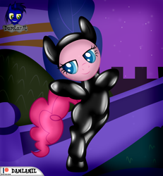 Size: 3840x4154 | Tagged: safe, artist:damlanil, pinkie pie, earth pony, pony, g4, bipedal, bodysuit, bush, catsuit, clothes, female, hood, horn, latex, latex suit, mare, pose, raised hoof, rubber, shiny, show accurate, sneaking suit, solo, spy, spy suit, standing, standing on one leg, suit, vector