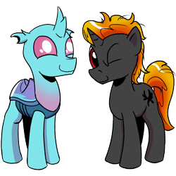 Size: 1200x1200 | Tagged: safe, artist:pony-berserker, oc, oc only, oc:dopple, oc:shadowed ember, changedling, changeling, pony, unicorn, 2024 community collab, derpibooru community collaboration, changedling oc, changeling oc, duo, duo male, horn, looking at you, male, one eye closed, simple background, transparent background, wings, wink