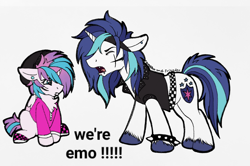 Size: 2682x1776 | Tagged: safe, artist:sweetpea-and-friends, princess flurry heart, shining armor, alicorn, pony, unicorn, g4, alternate hairstyle, beanie hat, belt, chest fluff, clothes, duo, ear piercing, emo, face paint, father and child, father and daughter, female, handkerchief, headband, lip piercing, makeup, male, meme, piercing, princess emo heart, shoes, spiked wristband, we're emo, wrist cuffs, wristband