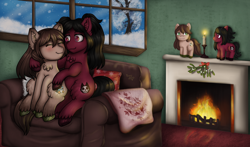 Size: 2398x1414 | Tagged: safe, artist:yumomochan, oc, oc only, earth pony, pony, blanket, blushing, candle, chest fluff, commission, couch, ear fluff, earth pony oc, female, fire, fireplace, hug, indoors, mare, oc x oc, plushie, shipping, sitting, smiling, snow, window, winter