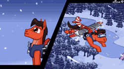 Size: 1280x720 | Tagged: safe, artist:scarletdex8299, oc, oc:redgear alloy, earth pony, pony, animated, artificial wings, augmented, clothes, ear flick, flailing, flying, frozen, gif, goggles, high angle, jetpack, loop, male, ponyville, propeller, river, saddlecopter, safety goggles, snow, snowfall, split screen, town, two sides, vest, water, windmill, wings, winter