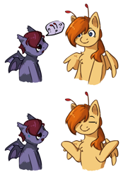 Size: 1968x2828 | Tagged: safe, artist:ju4111a, oc, oc only, oc:svatya, oc:vet, bat, bat pony, pegasus, antennae, bat pony oc, bat wings, colored wings, comic, dialogue, dialogue box, doodle, duo, duo male, feathered wings, looking at someone, male, pegasus oc, shrug, simple background, smiling, smiling at someone, spread wings, white background, wings