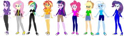 Size: 3960x1156 | Tagged: safe, color edit, edit, editor:red baron, applejack, fluttershy, pinkie pie, rainbow dash, rarity, starlight glimmer, sunset shimmer, twilight sparkle, human, equestria girls, g4, clothes, colored, converse, female, humane five, humane seven, humane six, shoes, simple background, transparent background, vector