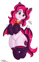 Size: 4706x7436 | Tagged: safe, artist:cdrspark, artist:pabbley, color edit, edit, editor:cdrspark, oc, oc only, oc:arrhythmia, bat pony, pony, absurd resolution, bat pony oc, bedroom eyes, belly button, butt blush, clothes, colored, eyeshadow, fangs, female, floating heart, heart, hooves to the chest, looking at you, makeup, scarf, simple background, socks, solo, thighs, thunder thighs, white background, wings