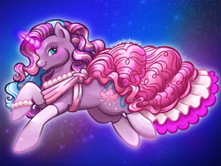 Size: 2400x1800 | Tagged: safe, artist:sparkytopia, lily lightly, pony, unicorn, g3, clothes, dress, female, glitter, glowing, glowing horn, horn, jewelry, looking at you, mare, necklace, pearl necklace, pink mane, purple coat, socks, solo, starry eyes, wingding eyes