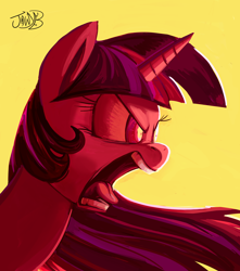 Size: 4390x4961 | Tagged: safe, artist:jowyb, twilight sparkle, pony, unicorn, g4, angry, female, mare, open mouth, rage, ragelight sparkle, simple background, speedpaint, tongue out, unicorn twilight, volumetric mouth, yelling, yellow background