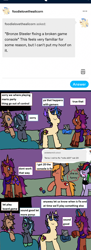 Size: 1170x3231 | Tagged: safe, artist:ask-luciavampire, oc, oc only, oc:bronze steeler, oc:foodie love, oc:sky dawn, oc:spyro mystery, oc:terra, earth pony, pegasus, pony, unicorn, tumblr:ask-mycrazyroomates, ask, tumblr, video game