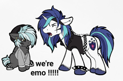 Size: 2682x1776 | Tagged: safe, alternate character, alternate version, artist:sweetpea-and-friends, shining armor, thunderlane, pegasus, pony, unicorn, g4, alternate hairstyle, beanie hat, belt, chest fluff, clothes, duo, ear piercing, emo, handkerchief, lip piercing, male, meme, piercing, shoes, spiked wristband, stallion, we're emo, wrist cuffs, wristband