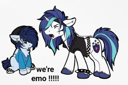 Size: 2682x1776 | Tagged: safe, alternate character, alternate version, artist:sweetpea-and-friends, shining armor, soarin', pegasus, pony, unicorn, g4, alternate hairstyle, beanie, clothes, duo, ear piercing, emo, face paint, hat, lip piercing, makeup, male, meme, piercing, spiked wristband, stallion, we're emo, wrist cuffs, wristband