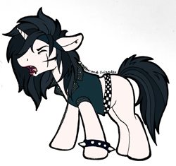 Size: 2066x1944 | Tagged: safe, artist:sweetpea-and-friends, pony, unicorn, andy biersack, andy black, andy sixx, band member, bandana, belt, clothes, emo, face paint, fanart, jacket, leather, leather jacket, makeup, male, musician, piercing, singer, spiked wristband, stallion, vocalist, wrist cuffs, wristband