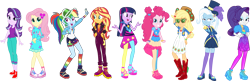 Size: 3957x1285 | Tagged: safe, artist:tylerajohnson352, applejack, fluttershy, pinkie pie, rainbow dash, rarity, starlight glimmer, sunset shimmer, trixie, twilight sparkle, human, driving miss shimmer, equestria girls, equestria girls specials, g4, my little pony equestria girls: better together, my little pony equestria girls: friendship games, my little pony equestria girls: mirror magic, my little pony equestria girls: rainbow rocks, my little pony equestria girls: sunset's backstage pass, boots, clothes, humane eight, humane five, humane nine, humane seven, humane six, humane ten, shoes, simple background, transparent background