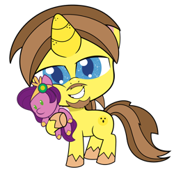 Size: 1920x1920 | Tagged: safe, artist:grapefruit-face, pipp petals, oc, oc only, oc:grapefruit face, pegasus, pony, unicorn, 2024 community collab, derpibooru community collaboration, g4, g4.5, g5, my little pony: pony life, cheek squish, holding, horn, hug, looking at you, male, plushie, simple background, solo, squishy cheeks, transparent background, wings