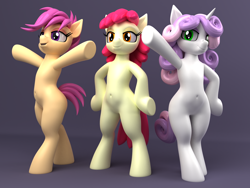 Size: 2000x1500 | Tagged: safe, artist:argos90, apple bloom, scootaloo, sweetie belle, earth pony, pegasus, pony, unicorn, semi-anthro, g4, 3d, 3d model, adult blank flank, belly, belly button, bipedal, blank flank, cutie mark crusaders, featureless crotch, female, hooves on hips, mare, pose, round belly, underhoof