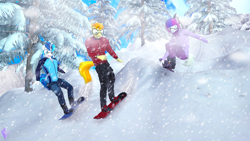 Size: 3840x2160 | Tagged: safe, artist:unie, braeburn, double diamond, shining armor, anthro, plantigrade anthro, g4, 3d, boots, clothes, forest, helmet, high res, horn, jacket, nature, pants, pine tree, shoes, snow, snowboard, snowboarding, snowfall, sports, tail, tree