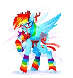 Size: 1200x1280 | Tagged: safe, artist:buvanybu, rainbow dash, deer, reindeer, g4, bell, bell collar, bow, clothes, collar, rainbow socks, reindeer dash, reindeerified, ribbon, saddle, smiling, socks, solo, species swap, striped socks, tack, transparent wings, wings