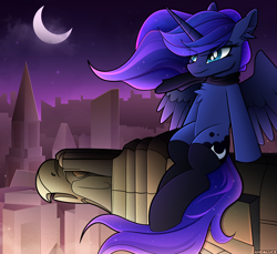 Size: 2500x2288 | Tagged: safe, artist:andaluce, princess luna, alicorn, pony, g4, chest fluff, city, cityscape, clothes, female, high res, manehattan, mare, moon, night, scarf, sitting, socks, solo, spread wings, wings