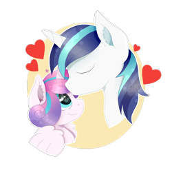 Size: 1600x1600 | Tagged: safe, artist:kathepart, princess flurry heart, shining armor, alicorn, pony, unicorn, g4, bust, cute, eyes closed, father and child, father and daughter, fatherly love, female, filly, floating heart, flurrybetes, foal, forehead kiss, heart, kissing, male, shining adorable, simple background, smiling, stallion, transparent background